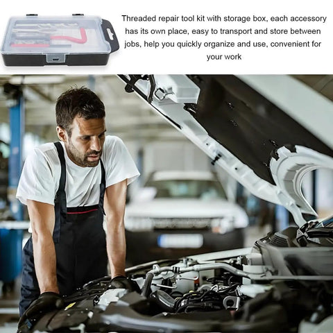 Mechanic using 15 Piece Thread Repair Kit For Automotive Use M10x1.5 And M12x1.25 Threads With Drill Bit And Hex Wrench