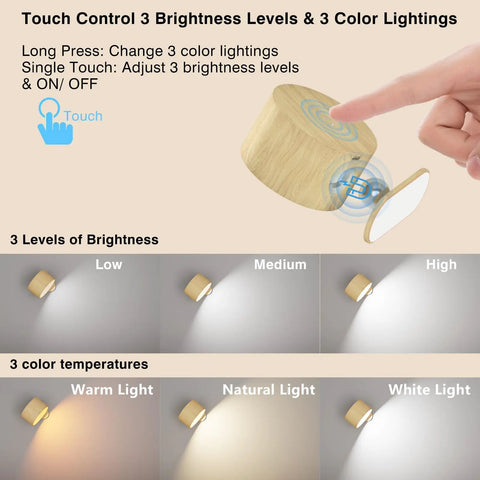 Rechargeable Wall Sconce LED Reading Light With 360 Degree Rotation And Magnetic Mount showing touch control and light settings.