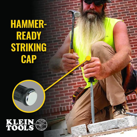 Person using SDS Demolition Screwdriver Set with Flat Chisel and Bull Point Tips for Rotary Hammer Drills on stone surface.