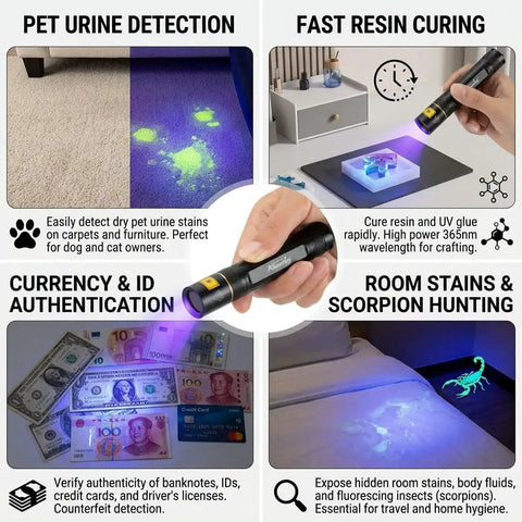10W 365nm UV Flashlight Portable USB Rechargeable Black Light For Pet Urine Detection Resin Curing Bed Bugs Scorpions
