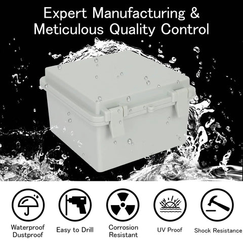 IP65 Waterproof Outdoor Junction Box With Hinged Lid, ABS Plastic Project Box splashing water, highlighting waterproof and durable features.