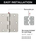 Diagram showing 10 Pack Interior Door Hinges 3.5 Inch Square Satin Nickel One Quarter Inch Radius Steel Door Hardware with screws