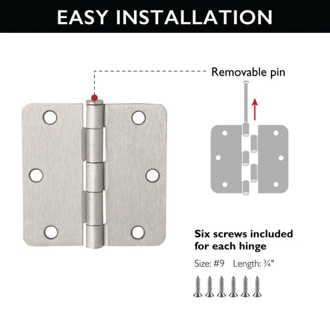 Diagram showing 10 Pack Interior Door Hinges 3.5 Inch Square Satin Nickel One Quarter Inch Radius Steel Door Hardware with screws