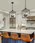 Four Light Black Farmhouse Pendant Lantern Cage Hanging Light Fixture Industrial Rustic Geometric Kitchen Island Lighting For Dining Room Hallway Foyer Entryway over modern kitchen island