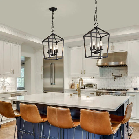 Four Light Black Farmhouse Pendant Lantern Cage Hanging Light Fixture Industrial Rustic Geometric Kitchen Island Lighting For Dining Room Hallway Foyer Entryway over modern kitchen island