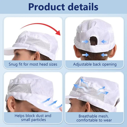 Hella Breathable Anti Static Work Cap Adjustable Low Lint Bill Hat For Electronics Lab Crew Solid Five Pack Navy showing adjustable back and mesh sides.