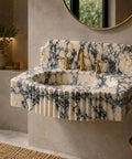 Straight Up Solid Hand Carved Arabescato Marble Wall Mount Sink With Polished Fluted Stone Vanity Basin in stylish bathroom setting.