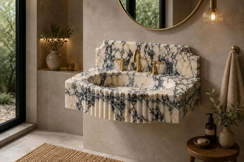 Straight Up Solid Hand Carved Arabescato Marble Wall Mount Sink With Polished Fluted Stone Vanity Basin in stylish bathroom setting.