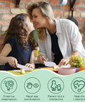 Kinggrand Montessori kitchen tools for toddlers; mom and daughter cutting bread with plastic knives in a home kitchen