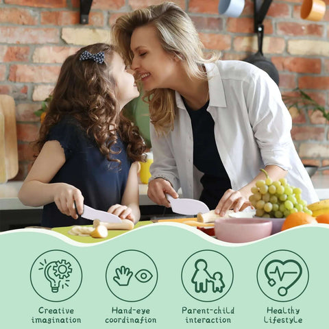 Kinggrand Montessori kitchen tools for toddlers; mom and daughter cutting bread with plastic knives in a home kitchen