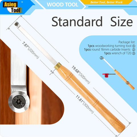 Carbide Tipped Finisher Wood Turning Tool Lathe Chisel Bar With 16mm Round Carbide Insert Cutter shown with dimensions.