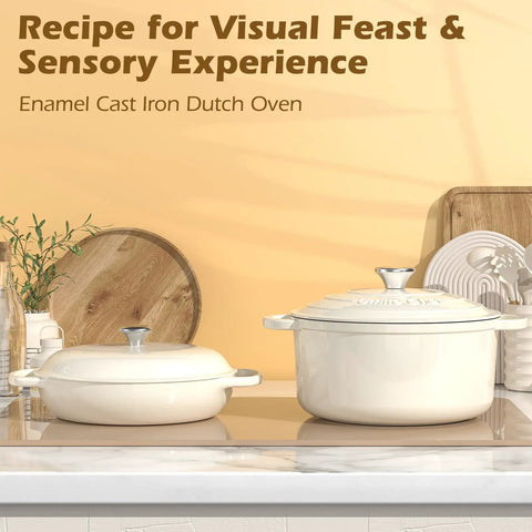 Cream White Enameled Cast Iron Dutch Oven 5 Quart With Lid And Cotton Potholders Versatile Heavy Duty Cookware For Bread Baking Braising Stews And Roasting on kitchen counter