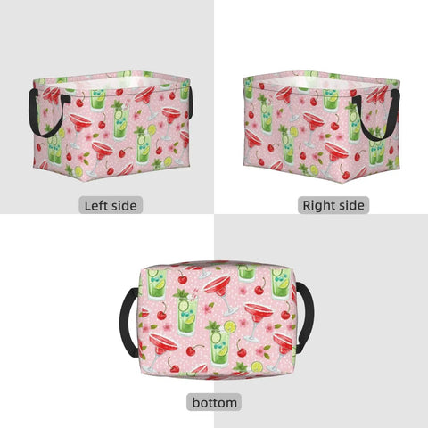 Genuine Rectangular Storage Basket For Zero Fuss Organization, Waterproof Fabric Bins With Fresh Print Vibes, Solid Household Declutter Game Changer For Laundry And Kids Toys, shown from left, right, and bottom angles.