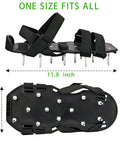 One Size Fits All Lawn Aerator Shoes with X Shaped Straps and 13 Steel Spikes, 11.8 x 5.1 inch size, shown from side and bottom view