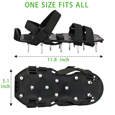 One Size Fits All Lawn Aerator Shoes with X Shaped Straps and 13 Steel Spikes, 11.8 x 5.1 inch size, shown from side and bottom view