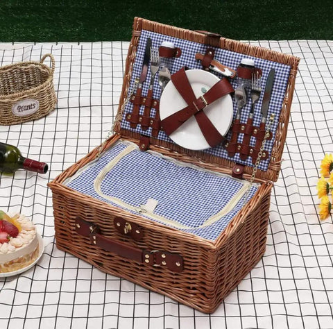 Family Size Wicker Picnic Basket Set For 4 To 6 Peeps With Waterproof Blanket And Stainless Cutlery Kit open on checkered cloth