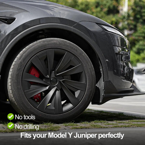 Premium Matte Black 19 Inch Spiral Aero Wheel Covers Sweet Fit For Tesla Model Y Juniper fits perfectly on car wheel.