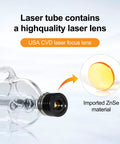 Rock Solid 100W Co2 Laser Tube With Brushed Copper Ends And Borosilicate Glass Max 130Watts showing USA CVD laser focus lens design.