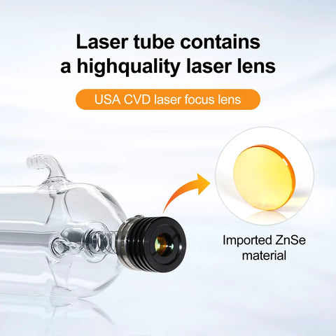 Rock Solid 100W Co2 Laser Tube With Brushed Copper Ends And Borosilicate Glass Max 130Watts showing USA CVD laser focus lens design.
