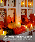 Flameless Rechargeable Tea Lights With Remote Timer LED Battery Operated Flickering Candles Safe For Kids And Pets For Home Holiday Decor Cozy Vibe Mood Lighting Romantic Table Centerpieces Six Pack next to pumpkins and autumn leaves on shelf