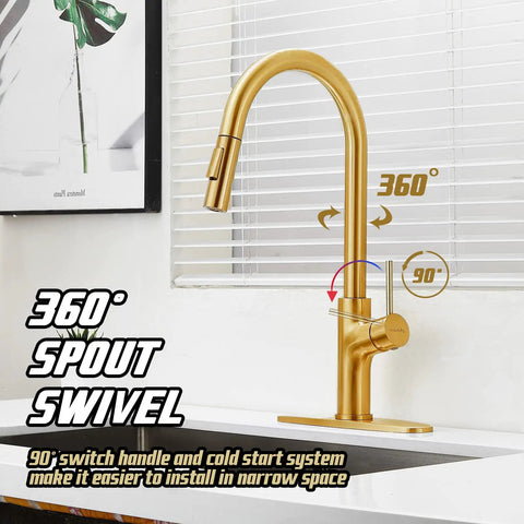 Top Shelf Brushed Titanium Gold Kitchen Faucet With Pull Down Magnetic Docking Sprayer showing 360-degree spout swivel feature.