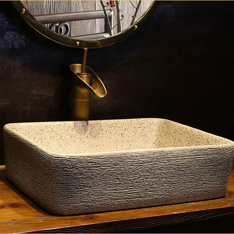 SDVantage Undermount Sink Bathroom Vessel Sink Art Countertop Basin Rectangular Ceramic Washbasin with Faucet on wooden surface.