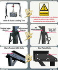 Comparison of gantry crane features: 6600 lb static load test, safety braces, and bolt types. All In One Heavy Duty Gantry Crane Kit For Shop Or Garage, 4000 Lb Rating With 6600 Lb Static Load, Adjustable 7.87 To 11.04 Ft, Two Ton Capacity, Includes Hoist, Trolley, Slings, Shackles, Hooks, Festoon System.