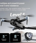 8K Camera Drone With Intelligent Obstacle Avoidance, Optical Flow Positioning, Precise Hovering, App Control, And Remote Controller, showing level 5 wind resistance capability.