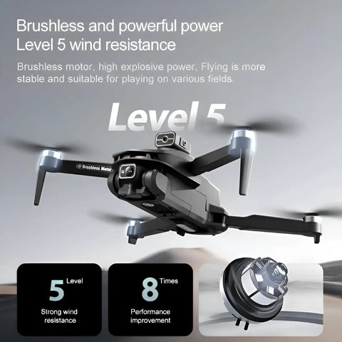 8K Camera Drone With Intelligent Obstacle Avoidance, Optical Flow Positioning, Precise Hovering, App Control, And Remote Controller, showing level 5 wind resistance capability.