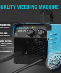 Close-up of 125 Amp Flux Core MIG Welder for 120V Home DIY Projects showing control knobs and branding on blue casing.