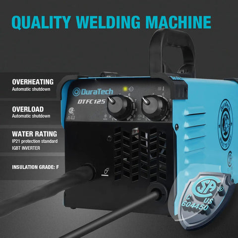 Close-up of 125 Amp Flux Core MIG Welder for 120V Home DIY Projects showing control knobs and branding on blue casing.
