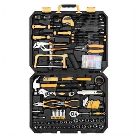 All-In-One 198-Piece Household Hand Tool Set for DIY Home Repairs with plier kit, portable compact case open displaying tools