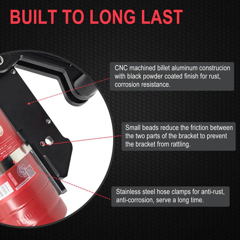 Adjustable Aluminum Quick Release Fire Extinguisher Mount For Roll Bars Rugged Easy Install Universal Fit For Jeep Wrangler JK JKU JL JLU LJ TJ YJ Polaris RZR Ranger Can Am Honda Kawasaki Arctic Cat Kymco Bobcat ATV UTV SXS showing construction details