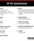RP 251 specifications for Compact Press Tool Battery Kit With ProPress Rings And Jaws For Half Inch To One And One Quarter Inch Copper