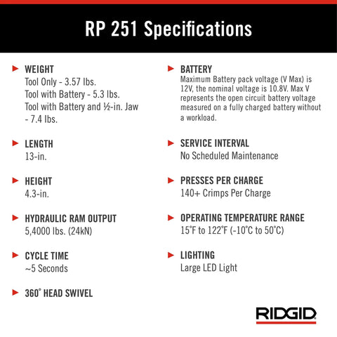 RP 251 specifications for Compact Press Tool Battery Kit With ProPress Rings And Jaws For Half Inch To One And One Quarter Inch Copper