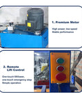 No Sweat Hydraulic Lift Platform With Integrated Safety Rail For Squeeze Spaces And Tight Hallways motor and remote lift control details.