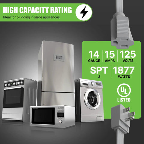Heavy Duty Appliance Extension Cord 25 Ft Gray With Angle Plug For Air Conditioners Washers Dryers Refrigerators UL listed
