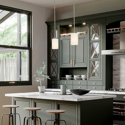 2 Pack Mini Pendant Lights For Kitchen Island Adjustable Height Indoor Modern Pendant Lighting Brushed Nickel With Milky White Frosted Glass Shades Perfect For Countertops And Breakfast Bars shown over kitchen island