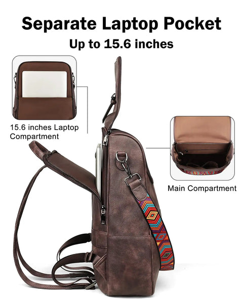 Leather Laptop Backpack For Women With Independent Laptop Compartment Fits Up To 15.6 Inches, shown in coffee color