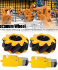 Mecanum Wheel Set For TT Geared Motor Robotic Car Omnidirectional Left And Right Wheels With Rubber Coated Surface shown in a factory setting.