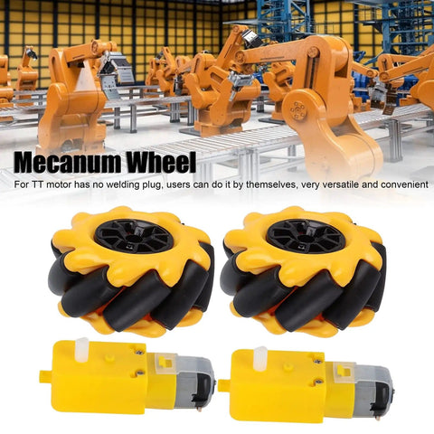 Mecanum Wheel Set For TT Geared Motor Robotic Car Omnidirectional Left And Right Wheels With Rubber Coated Surface shown in a factory setting.