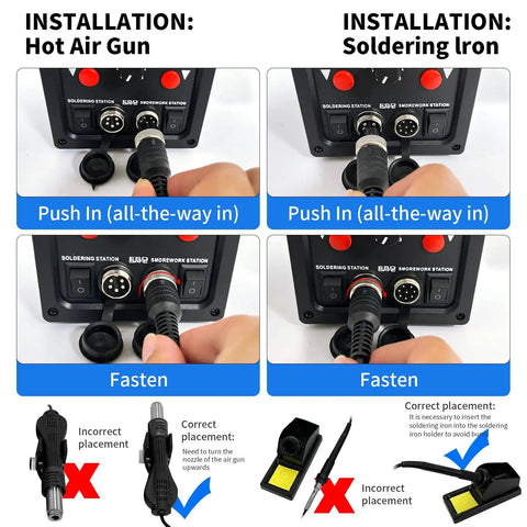 Installation instructions for Do It All 2 In 1 Soldering And Hot Air Rework Station Kit with correct positioning of connectors.