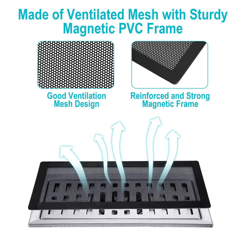 Magnetic Floor Vent Covers 4x10 Inch Mesh PVC Frame Black with airflow illustration, highlighting ventilation and strong magnetic frame.