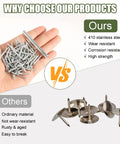Double Headed Skirting Nails With Six Sleeve Tools For Invisible Seamless Baseboard Installation And Trim, 410 stainless steel nails in hand, compared to other nails.