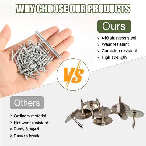 Double Headed Skirting Nails With Six Sleeve Tools For Invisible Seamless Baseboard Installation And Trim, 410 stainless steel nails in hand, compared to other nails.