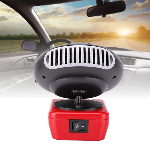 Cordless Battery Space Heater For Garage Jobsite 200 Watt Portable Warmer with dual USB charging and swivel base in vehicle.