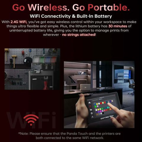 Panda Touch Upgrade Touch Screen Kit showcasing WiFi connectivity and wireless printer control in a workshop setting.