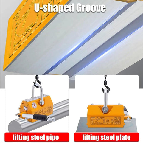 Heavy Duty Industrial Magnetic Lifter With Quick Release And 1320 Pound Permanent Lifting Magnet For Rig Or Shop Crane Moves steel plate and steel pipe with U-shaped groove.