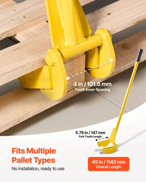 Pallet Buster Tool With 41 Inch Carbon Steel Handle Heavy Duty Wrecking Pry Bar Articulating Head For Non Damaging Wooden Pallet And Deck Removal Fast Easy Pallet Removal Perfect For Quick Deck Board Removal And Reuse, yellow fork head on pallet