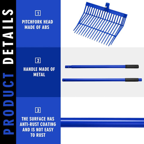 Three Piece Set Heavy Duty Manure Fork With Long Metal Handles Muck Rake For Stall Cleanup And Garden Work Built Tough For Horse Stalls Hay Bales Blue product details with ABS head and metal handle